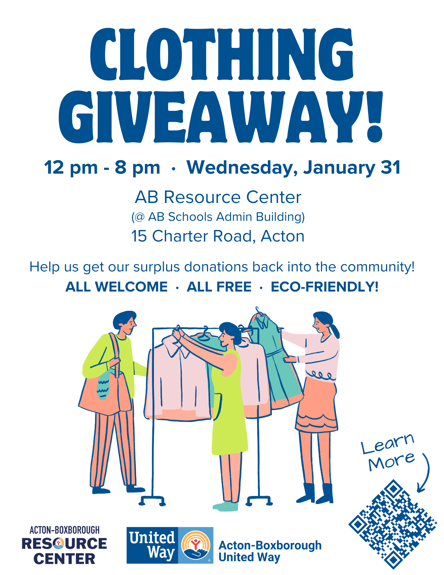 AB Resource Center Clothing Giveaway, sketch image of 3 people selecting clothing from a rack