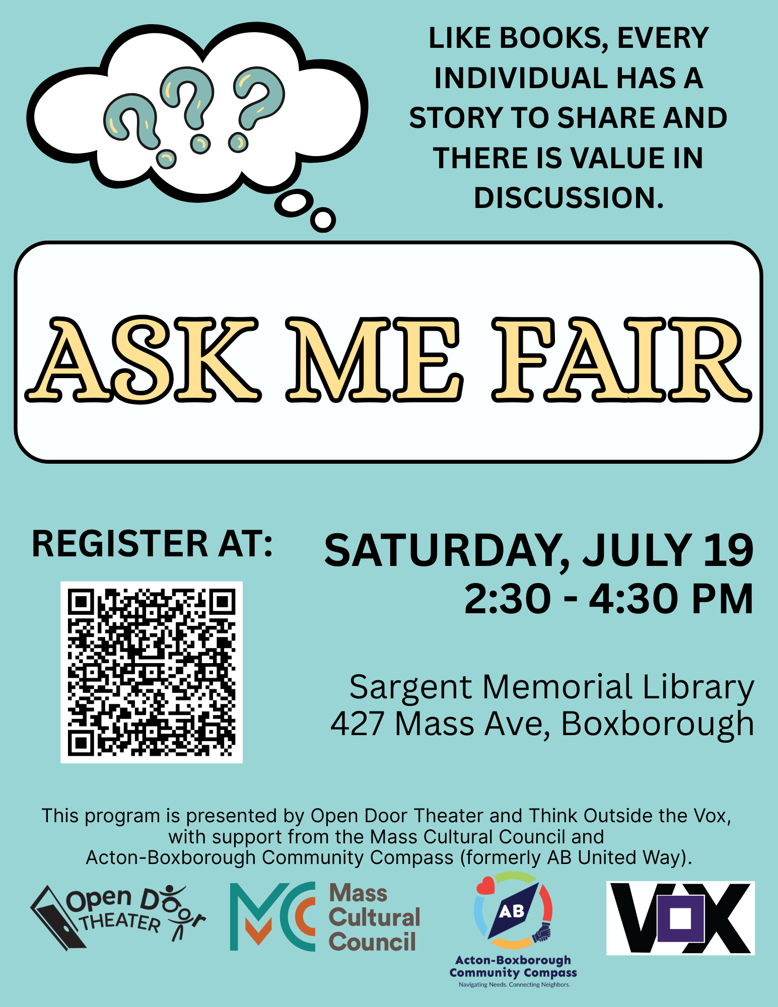 Ask Me Fair flyer July 19 at Sargent Memorial Library