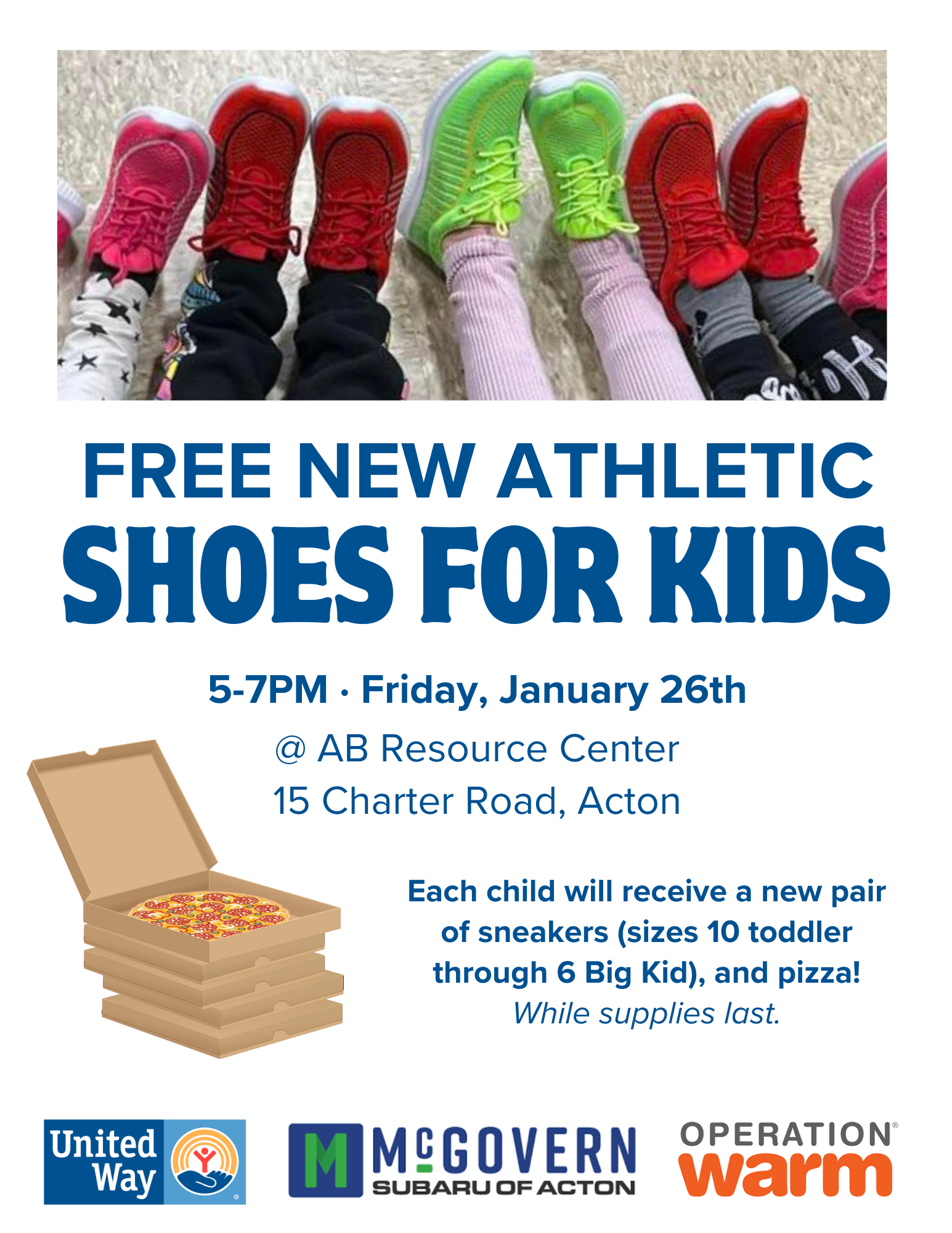New Athletic Shoes for Kids Give Away on Friday January 26th at AB Resource Center, picture of colorful shoes