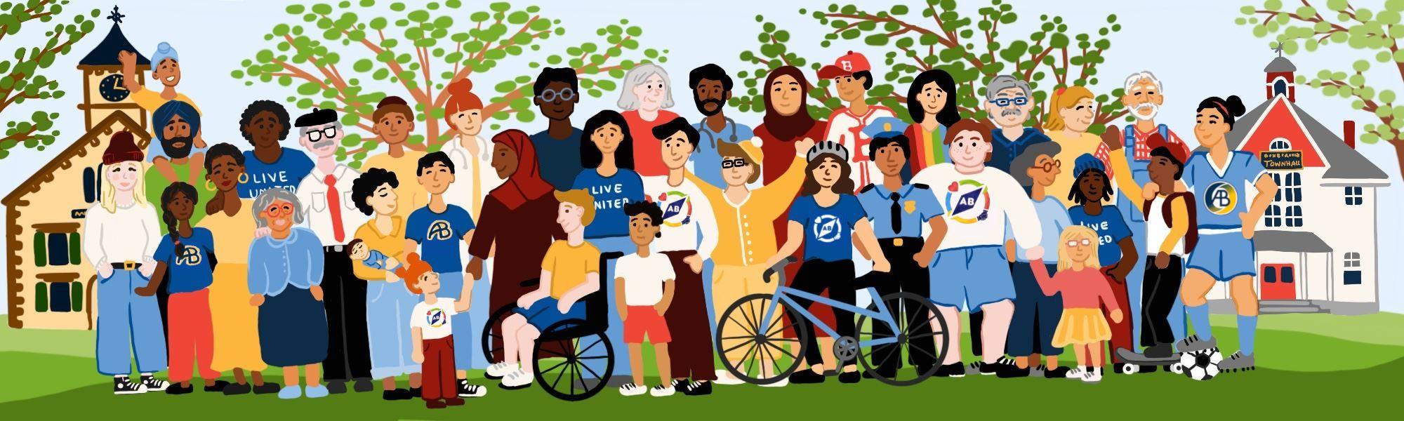 Cartoon Image of diverse community members in front of Acton and Boxborough town halls